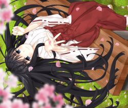  1girl black_hair blue_eyes blurry blurry_foreground cherry_blossoms closed_mouth commentary_request day dot_nose falling_petals grass hakama hakama_skirt hand_up himegami_aisa japanese_clothes kimono light_blush long_hair long_sidelocks long_skirt long_sleeves looking_at_viewer on_bench outdoors petals pink_petals red_hakama red_skirt sandals shin_(highest1192) sidelocks skirt smile socks solo toaru_majutsu_no_index toaru_majutsu_no_index:_old_testament very_long_hair white_kimono white_socks wide_sleeves 