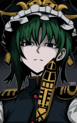  1girl artist_name blue_eyes blue_vest closed_mouth commentary english_commentary expressionless green_hair hair_between_eyes hat highres kinoshii-shroom looking_at_viewer mixed-language_commentary portrait rod_of_remorse shiki_eiki shirt short_hair signature single_sidelock solo touhou vest white_shirt 