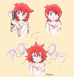  >_o 1girl blush blush_stickers bright_pupils brushing_hair closed_mouth commentary english_commentary eyelashes hair_between_eyes hair_brush holding holding_brush holding_hair_brush hood hood_down little_witch_academia long_sleeves mangodevourer messy_hair motion_lines multiple_views one_eye_closed red_eyes red_hair shiny_chariot short_hair simple_background smile sound_effects twitter_username white_pupils yellow_background 