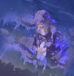  1girl absurdres arknights bare_shoulders black_choker black_dress black_hair blue_hair blue_theme chinese_commentary choker closed_eyes commentary_request cricifysiki dress from_above full_body gradient_hair highmore_(arknights) highres long_hair long_sleeves multicolored_hair ocean on_rock own_hands_together rock sitting solo thigh-highs water white_thighhighs 