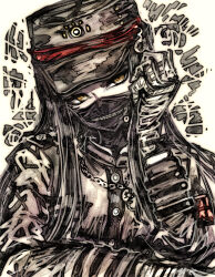  1boy armband bandaged_arm bandages black_hair breast_pocket buttons commentary_request danganronpa_(series) danganronpa_v3:_killing_harmony green_hat green_jacket grey_background hat highres jacket long_hair long_sleeves male_focus mask mouth_mask pocket shinguji_korekiyo simple_background solo tsukihi_shida white_background yellow_eyes 
