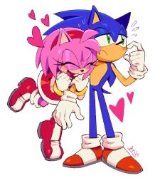  1boy 1girl :d amy_rose ari_vsart arm_hug artist_name averting_eyes blue_fur blush boots bracelet closed_eyes commentary dress english_commentary flying_sweatdrops furry furry_female furry_male gloves green_eyes heart hedgehog_boy hedgehog_girl highres jewelry jumping loving_aura nervous_sweating pink_fur red_boots red_dress simple_background smile sonic_(series) sonic_the_hedgehog sweat sweatdrop white_background white_gloves 