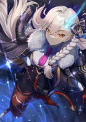  1girl black_coat blue_fire blush braid breasts coat commentary_request earrings fate/grand_order fate_(series) fire gloves hair_ribbon high_heels highres jewelry large_breasts long_hair long_sleeves looking_at_viewer necktie olga_marie_animusphere olga_marie_animusphere_(unbeast) orange_eyes pantyhose ribbon shirt skirt suiete very_long_hair white_hair white_shirt 