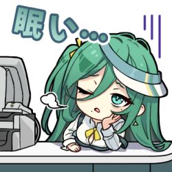  1girl breasts cash_register commentary d; employee_uniform gloom_(expression) hair_between_eyes large_breasts long_sleeves lowres mole mole_under_eye mole_under_mouth neck_ribbon official_art one_eye_closed open_mouth portia_(stella_sora) puff_of_air ribbon shirt simple_background sleepy solo stella_sora sticker_(medium) transparent_background white_shirt yellow_ribbon 