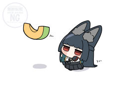  1girl absurdres animal_ear_fluff animal_ears aqua_jacket arms_up black_hair black_necktie black_skirt chibi commentary_request food fox_ears fox_girl fruit full_body highres hoshimi_miyabi jacket long_hair melon necktie red_eyes shinonome_nashi shirt skirt solo white_background white_shirt zenless_zone_zero 