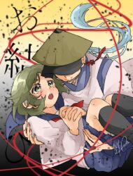  1boy 1girl ajirogasa black_lips blush carrying carrying_person commentary_request earrings green_hair grey_hair hat highres hinako_(omusubi) issa_(omusubi) japanese_clothes jewelry kariginu long_hair omusubi_(game) open_mouth ponytail princess_carry rurimomo_(ruripeach) short_hair smile string string_of_fate tassel tassel_earrings 
