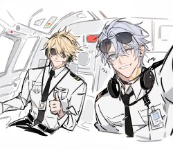  2boys absurdres airplane_interior antenna_hair belt black-framed_eyewear black_belt black_choker black_necktie black_pants blonde_hair blue_eyes breast_pocket chair choker closed_mouth collared_shirt commentary_request dated dual_persona eyewear_on_head formal_clothes grey_hair gyulseu hair_between_eyes hand_up headphones headphones_around_neck highres honkai:_star_rail honkai_(series) id_card indoors jacket korean_commentary long_sleeves male_focus microphone multiple_boys neck_tattoo necktie notice_lines official_alternate_costume on_chair one_eye_closed pants phainon_(alternate_spacetime)_(honkai:_star_rail) phainon_(honkai:_star_rail) phainon_(khaslana)_(honkai:_star_rail) pocket shirt short_hair shoulder_boards smile sun_symbol sun_tattoo sunglasses tattoo teeth thumbs_up tie_clip viewfinder white_jacket white_shirt window yellow_pupils 
