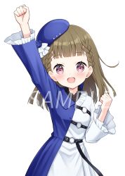  1girl 6th_live_dream_~bloom_garden_party~ :d beret blue_coat blue_hat blush braid brown_hair center-flap_bangs clenched_hands coat commentary_request cowboy_shot dress flower_stand_art hanazora_satsuki hat highres kachimachi_kosuzu ladybug_(love_live!) ladybug_(original)_(love_live!) long_hair looking_at_viewer love_live! love_live!_hasu_no_sora_jogakuin_school_idol_club open_mouth pink_eyes raised_fist sample_watermark side_ahoge side_braids simple_background smile solo tilted_headwear watermark white_background white_dress 