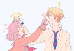  ! 1boy 1girl arinco_(ariringo622) arm_up artist_name blonde_hair blue_background cardigan closed_eyes closed_mouth collared_shirt dated diagonal-striped_clothes diagonal-striped_necktie facing_viewer gradient_hair hand_puppet headpat heart hetero highres kamiyama_high_school_uniform_(project_sekai) long_sleeves looking_at_another miyamasuzaka_girls'_academy_school_uniform motion_lines multicolored_hair multicolored_necktie neckerchief necktie ootori_emu open_mouth orange_hair pink_cardigan pink_hair project_sekai protected_link puppet red_neckerchief school_uniform shirt short_hair simple_background smile striped_clothes striped_necktie tenma_tsukasa two-tone_hair upper_body wing_collar 