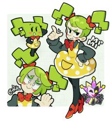  1girl absurdres alt_text black_pantyhose black_shirt blush blush_stickers bow bowtie character_name closed_mouth collared_shirt commentary dimentio dress english_commentary eyelashes eyeshadow green_eyeshadow green_hair hair_bow hand_on_own_hip heart highres humanization index_finger_raised long_hair makeup maletoh mimi_(paper_mario) open_mouth pantyhose paper_mario_(series) pinafore_dress polka_dot polka_dot_dress raised_eyebrow red_bow red_bowtie red_shoes shirt shoes sleeveless sleeveless_dress smile sound_effects super_mario_bros. super_paper_mario twintails yellow_dress 