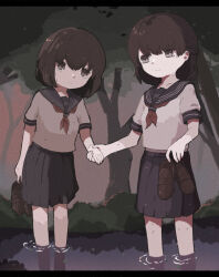  2girls arm_at_side black_sailor_collar black_skirt brown_eyes brown_hair brown_shoes closed_mouth commentary_request evening eye_contact fatal_frame fatal_frame:_maiden_of_black_water feet_out_of_frame forest half_updo hand_up hands_up himeno_fuyuhi holding holding_hands holding_shoes holding_unworn_clothes letterboxed light_smile loafers looking_at_another miniskirt momose_haruka multiple_girls nature neckerchief nekokumatta outdoors pleated_skirt red_neckerchief reflection reflective_liquid sailor_collar school_uniform serafuku shirt shoes short_hair short_sleeves skirt standing tree unworn_shoes wading wet wet_hair white_shirt 