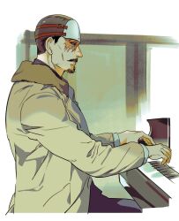  1boy beard coat commentary_request expressionless facial_hair golden_kamuy grey_coat highres instrument korean_commentary long_sleeves luke_skyfaller male_focus mustache piano playing_instrument playing_piano scar scar_on_face solo tsurumi_tokushirou 