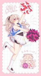  1girl absurdres bare_arms bare_shoulders black_unitard blue_sash blush bow breasts cheering cheerleader closed_eyes commentary_request covered_navel female_corrin_(cheer_power)_(fire_emblem) female_corrin_(fire_emblem) fire_emblem fire_emblem_fates fire_emblem_heroes grey_hair hair_between_eyes hair_bow highres hiyori_(rindou66) holding holding_pom_poms long_hair official_alternate_costume official_alternate_hairstyle open_mouth pointy_ears pom_pom_(cheerleading) ponytail red_eyes sash shirt shoes skirt sleeveless sleeveless_shirt smile socks standing standing_on_one_leg unitard white_shirt white_skirt white_socks 