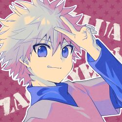  1boy :q ayuko_(ayuco) blue_eyes closed_mouth commentary_request grey_shirt highres hunter_x_hunter killua_zoldyck long_sleeves looking_at_viewer male_focus shirt shirt_under_shirt short_hair short_sleeves solo tongue tongue_out upper_body v v_over_head white_hair 