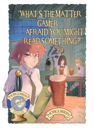  4girls alcohol amputee barefoot beer black_bow black_hair black_necktie blonde_hair border bow breasts closed_mouth collared_shirt commentary cup double_amputee drinking english_text green_eyes ibarazaki_emi ikezawa_hanako indoors katawa_shoujo long_hair looking_at_viewer medium_breasts meme multiple_girls necktie red_hair satou_lilly shirt short_hair sleeve_tied_shut smile smug snoply table tezuka_rin twintails what's_the_matter_lagerboy_(meme) white_border white_shirt 
