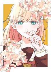  1girl aqua_eyes border brown_dress cherry_blossoms closed_mouth commentary_request crossed_bangs dress hair_ornament hasu_no_sora_school_uniform highres hinoshita_kaho holding holding_petal long_sleeves looking_at_viewer love_live! love_live!_hasu_no_sora_jogakuin_school_idol_club medium_hair neckerchief petals pink_petals portrait rabbit_hair_ornament red_neckerchief sailor_collar sailor_dress school_uniform simple_background smile solo two_side_up virtual_youtuber white_border white_sailor_collar winter_uniform yellow_background zuisetsu 
