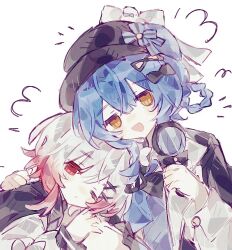  2girls black_capelet black_hat blue_hair braid braided_hair_rings capelet chinese_commentary commentary_request deerstalker flower flying_sweatdrops gradient_hair hair_between_eyes hair_ornament hair_rings hand_on_another's_shoulder hat highres holding holding_magnifying_glass jitome leaning_on_person long_sleeves looking_at_viewer magnifying_glass mahou_shoujo_no_majo_saiban multicolored_hair multiple_girls n7_(lose930111) one_eye_closed open_mouth pink_eyes pink_hair sakuraba_ema short_hair smile tachibana_sherry upper_body white_background white_flower white_hair x_hair_ornament yellow_eyes 