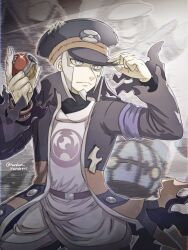  1boy adjusting_clothes adjusting_headwear armband black_coat chandelure closed_mouth coat commentary_request emmet_(pokemon) facial_hair goatee grey_eyes hat hisuian_poke_ball ingo_(pokemon) long_sleeves looking_ahead male_focus peaked_cap poke_ball pokemon pokemon_(creature) pokemon_legends:_arceus runachikku solo torn_clothes torn_coat 