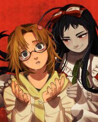  2girls black_hair bow colored_skin crying dress empty_eyes frills glasses green_ribbon grey_skin hair_bow hair_ornament hands_on_another's_shoulders higanbana_(higanbana_no_saku_yoru_ni) higanbana_no_saku_yoru_ni highres jacket long_hair long_sleeves looking_at_viewer moriya_marie mrntta_3704 multiple_girls open_mouth orange_hair rabbit_hair_ornament red_background red_bow red_eyes ribbon short_hair smile streaming_tears tears two-tone_bow white_dress 