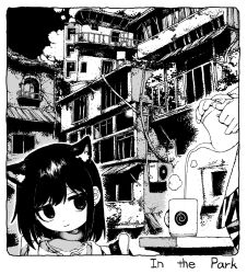  1girl air_conditioner animal_ear_fluff animal_ears aromemi border building cat_ears cat_girl cat_tail closed_mouth cup greyscale hatching_(texture) highres holding holding_cup looking_to_the_side medium_hair monochrome mug original outdoors scarf short_hair smile tail tree white_border 