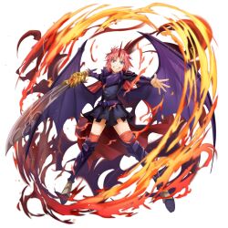  1girl :d armor armored_boots artist_request black_dress black_nails blue_eyes boots breastplate breasts closed_mouth dragon_girl dragon_horns dragon_wings dress evil_grin evil_smile fire full_body game_asset grand_summoners grin hands_up holding holding_sword holding_weapon horns knee_boots long_hair looking_at_viewer medium_breasts milim_nava official_art pauldrons pink_hair pleated_dress purple_armor purple_boots pyrokinesis red_horns short_dress shoulder_armor simple_background single_horn smile solo standing sword tensei_shitara_slime_datta_ken transparent_background v-shaped_eyebrows vambraces weapon wings zettai_ryouiki 
