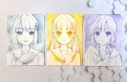  3girls 6th_live_dream_~bloom_garden_party~ anyoji_hime blunt_bangs blunt_ends bob_cut braid center-flap_bangs color-coded commentary_request flower flower_knot hair_flower hair_ornament hair_ribbon hand_on_own_chest hasu_no_shousankaku hasu_no_sora_school_uniform hood hood_down hooded_jacket iizuka_haruko jacket kachimachi_kosuzu long_hair long_sleeves love_live! love_live!_hasu_no_sora_jogakuin_school_idol_club momose_ginko multi-tied_hair multiple_girls multiple_monochrome neckerchief official_artist_extra open_clothes open_jacket photo_(medium) ponytail ribbon sailor_collar school_uniform short_hair side_ahoge side_braids virtual_youtuber winter_uniform 