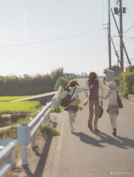  1boy 2girls absurdres ahoge alternate_costume backpack bag black_bag black_hair blurry book brown_pants brown_shoes clothes_around_waist commentary day depth_of_field dropping from_behind grey_hair grey_skirt grey_sky grid_print guard_rail hand_on_another's_back hand_up hashtag hayase_sou highres hotechige long_hair long_sleeves low_ponytail miniskirt multiple_girls nijisanji open_book outdoors pants photo_background pleated_skirt ponytail power_lines print_pants print_skirt red_sweater_vest road school_bag shadow shellin_burgundy shirt shoes short_sleeves skirt sky socks sukoya_kana sweater sweater_around_waist sweater_vest three-quarter_sleeves translation_request tulip-gumi_(nijisanji) twintails untranslatable_commentary virtual_youtuber walking white_shirt white_shoes white_socks yellow_sweater 