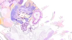  1girl :d balloon blonde_hair blush bouquet collar colored_inner_hair commentary_request confetti dress earrings fingernails floating_hair flower hair_ornament head_tilt heart highres holding holding_bouquet indie_utaite jacket jewelry kisiki long_hair long_sleeves looking_at_viewer multicolored_hair nail_art necklace number_balloon off_shoulder open_mouth purple_collar purple_flower purple_hair purple_sailor_collar purple_tulip ring sailor_collar sailor_dress shiho_(utaite) simple_background sleeveless sleeveless_dress smile solo star_(symbol) star_hair_ornament star_in_eye streamers symbol_in_eye tulip upper_body violet_eyes white_background white_dress white_jacket 