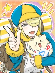 1boy backpack bag blonde_hair commentary_request hair_over_one_eye hat index_finger_raised long_sleeves male_focus open_mouth pokemon pokemon_(creature) pokemon_legends:_arceus runachikku shirt star_(symbol) togepi volo_(pokemon) white_shirt 