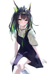  1girl absurdres ahoge alternate_costume arknights black_dress black_hair bright_pupils chinese_commentary closed_mouth colored_inner_hair commentary_request dress green_eyes green_hair highres huge_ahoge invisible_chair kneehighs light_blush long_hair looking_at_viewer mon3tr_(arknights) multicolored_hair pinafore_dress ruo_xiao_wuli shirt short_sleeves simple_background sitting sketch sleeveless sleeveless_dress socks solo white_background white_pupils white_shirt white_socks 