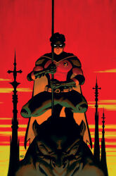  1boy cape commentary david_talaski dc_comics english_commentary gargoyle gloves green_gloves green_pants looking_at_viewer outdoors pants red_sky robin_(dc) short_hair sky solo squatting sunset yellow_cape 