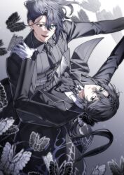  2boys absurdres aircon11 aqua_eyes ascot black_ascot black_butterfly black_coat black_eyes black_hair black_necktie black_vest bug butterfly coat collared_shirt commentary dancing e.g.o_(project_moon) full-stop_office_(identity)_(project_moon) gloves grey_shirt hair_between_eyes highres hong_lu_(project_moon) jewelry limbus_company long_hair multiple_boys necktie project_moon shirt solemn_lament_(e.g.o) untranslatable_commentary vest white_butterfly white_gloves white_shirt yi_sang_(project_moon) 