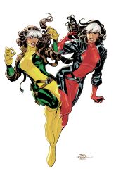  2girls artist_collaboration black_bodysuit black_jacket bodysuit brown_hair brown_jacket clenched_teeth commentary cropped_jacket dual_persona english_commentary gloves green_bodysuit highres jacket marvel multicolored_bodysuit multicolored_hair multiple_girls open_clothes open_jacket rachel_dodson red_bodysuit rogue_(x-men) signature simple_background teeth terry_dodson two-tone_bodysuit two-tone_hair white_background white_hair x-men yellow_bodysuit yellow_gloves 