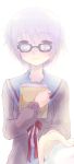  black_eyes book cardigan flyer nagato_yuki nagato_yuki_(shoushitsu) purple_hair school_uniform short_hair smile strib_und_werde suzumiya_haruhi_no_shoushitsu suzumiya_haruhi_no_yuuutsu 