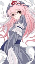 1girl absurdres blue_hat blue_kimono chinese_commentary closed_mouth commentary_request hat hato_tototo highres hitodama japanese_clothes kimono long_hair long_sleeves looking_at_viewer mob_cap pink_eyes pink_hair saigyouji_yuyuko simple_background sleeve_garter smile solo touhou triangular_headpiece very_long_hair white_background wide_sleeves 
