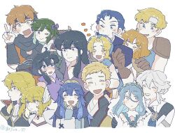  6+boys 6+girls ;) @_@ ares_(fire_emblem) arm_around_shoulder armor asugi_(fire_emblem) azura_(fire_emblem) bare_shoulders black_eyes black_hair blonde_hair blue_eyes blue_gloves blue_hair blue_hat blue_scarf blush bow brown_gloves closed_eyes closed_mouth commentary_request cousins facing_viewer feather_hair_ornament feathers febail_(fire_emblem) fingerless_gloves fire_emblem fire_emblem:_genealogy_of_the_holy_war fire_emblem:_thracia_776 fire_emblem_awakening fire_emblem_fates gloves green_hair grey_hair hair_between_eyes hair_bow hair_ornament hand_on_another's_shoulder hand_on_own_face hat heart highres jewelry lana_(fire_emblem) larcei_(fire_emblem) lester_(fire_emblem) long_hair long_sleeves looking_at_another looking_at_viewer lucina_(fire_emblem) male_corrin_(fire_emblem) midori_(fire_emblem) multiple_boys multiple_girls nanna_(fire_emblem) one_eye_closed open_mouth orange_eyes orange_hair owain_(fire_emblem) patty_(fire_emblem) pointy_ears purple_bow ring scarf shannan_(fire_emblem) short_hair short_sleeves shoulder_armor sidelocks sleeveless smile sweatdrop tanago_(namiuchigiwa) tiara trait_connection twitter_username upper_body v violet_eyes yellow_eyes 