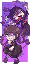  2girls artist_name blood blood_on_weapon border braid brown_eyes brown_hair brown_serafuku brown_shirt brown_shoes brown_skirt chibi chibi_only collared_shirt colored_blood commentary danganronpa:_trigger_happy_havoc danganronpa_(series) dual_persona eyelashes fukawa_toko genocider_sho glasses gradient_background hair_between_eyes holding holding_scissors holding_weapon kayama_taiga long_hair long_tongue mole mole_under_mouth multiple_girls neckerchief nervous_sweating open_mouth pink_blood purple_background red_eyes red_neckerchief round_eyewear sailor_collar school_uniform scissors serafuku shirt shoes simple_background skirt skirt_set smile socks sweat teeth tongue tongue_out twin_braids twintails upper_teeth_only weapon white_border white_sailor_collar white_socks 