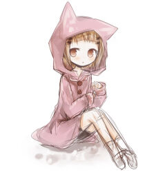  1girl amakaze_sora animal_ears animal_hood black_shorts blush brown_eyes brown_hair fake_animal_ears full_body grey_shoes hair_ornament hairclip hood hood_up hooded_jacket jacket knees_up long_sleeves original parted_lips pink_jacket shadow shoes shorts simple_background sitting sketch sleeves_past_wrists socks solo white_background white_socks 