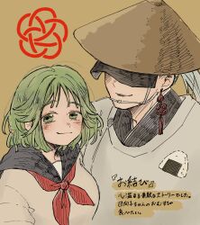  1boy 1girl ajirogasa black_lips blue_serafuku commentary_request earrings food green_eyes green_hair grey_hair hat highres hinako_(omusubi) issa_(omusubi) japanese_clothes jewelry kariginu long_hair omusubi_(game) onigiri ponytail school_uniform serafuku short_hair smile sota_sz tassel tassel_earrings 