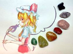  1girl aa6jwpe5ji90079 alternate_wings ascot blonde_hair bow collared_shirt commentary_request flandre_scarlet from_side hat hat_bow holding holding_weapon looking_at_viewer mob_cap multicolored_wings one_side_up pebble photo_(medium) pointy_ears puffy_short_sleeves puffy_sleeves red_bow red_eyes red_skirt red_vest shirt short_sleeves skirt skirt_set solo touhou traditional_media vest weapon white_hat white_shirt wings yellow_ascot 