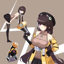  1girl banana_(girls'_frontline) bare_shoulders bent_over black_gloves black_hat black_skirt blush breasts brown_hair clothes_pull commentary elbow_gloves from_side girls'_frontline_2:_exilium girls_frontline gloves hair_bobbles hair_ornament hand_on_own_hip hand_up hat heterochromia highres holding holding_megaphone jacket jacket_pull large_breasts long_hair looking_at_viewer looking_back medium_breasts megaphone miniskirt multicolored_hair multiple_views pixel_art pleated_skirt red_eyes ro635_(girls'_frontline) robella_(girls'_frontline_2) saltmann skirt sleeveless sleeveless_sweater solo standing streaked_hair sweater thigh-highs twintails two-tone_hair upper_body very_long_hair white_hair yellow_eyes yellow_jacket 