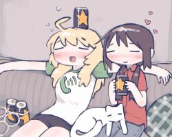  2girls alcohol beer beer_can blonde_hair blush breasts brown_hair bubble can chito_(shoujo_shuumatsu_ryokou) closed_eyes couch drink_can drunk english_commentary highres holding indoors kurohanenone large_breasts multiple_girls nuko_(shoujo_shuumatsu_ryokou) object_on_head on_couch open_mouth print_shirt red_shirt shimeji_simulation shirt shorts shoujo_shuumatsu_ryokou thighs yuuri_(shoujo_shuumatsu_ryokou) 