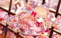  1girl barefoot blonde_hair blue_eyes blurry blurry_foreground bow cake cake_slice cherry commentary_request cup cupcake depth_of_field dress food fork fruit game_asset highres long_hair lying macaron motosu_towa non-web_source official_art on_stomach pastry plate saucer self-datamine solo strawberry strawberry_shortcake table tea teacup teapot tiered_tray world_dai_star 