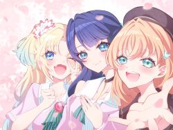  3girls 6th_live_dream_~bloom_garden_party~ aqua_eyes bare_shoulders beret blonde_hair blue_eyes blue_hair brown_hat cherry_blossoms clothing_cutout collarbone commentary_request dream_believers dress falling_petals flower gradient_hair hair_flower hair_ornament hand_on_own_chest hasu_no_sanrenka hat highres hinoshita_kaho kentotto long_hair long_sleeves looking_at_viewer love_live! love_live!_hasu_no_sora_jogakuin_school_idol_club medium_hair mole mole_on_neck multicolored_hair multiple_girls murano_sayaka offering_hand open_hand orange_hair osawa_rurino parted_bangs petals pink_dress pink_flower pink_petals rabbit_hair_ornament shoulder_cutout twintails two_side_up upper_body virtual_youtuber 