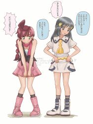  2girls :o adjusting_clothes black_socks blush boots braid chloe_(pokemon) chloe_(pokemon)_(cosplay) closed_mouth collared_shirt commentary_request cosplay costume_switch dawn_(pokemon)_(cosplay) full_body green_eyes grey_eyes grey_hair grey_socks hair_ornament highres hikari_(pokemon) kneehighs koharuwatcher long_hair motion_lines multiple_girls open_mouth pink_boots pink_scarf pink_skirt pokemon pokemon_(anime) pokemon_journeys pokemon_the_series:_diamond_and_pearl red_hair scarf shirt short_sleeves simple_background single_braid skirt sleeveless socks speech_bubble standing translation_request white_background white_boots white_shirt white_skirt 