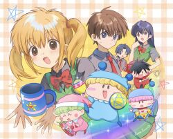  3girls 5boys black_hair blonde_hair blush bow bowtie brothers brown_eyes brown_hair commentary cup green_vest hair_over_one_eye hand_on_own_hip hano_luno hat hidaka_azumi highres holding holding_instrument holding_maracas holding_tambourine instrument long_hair looking_at_viewer maracas matsutake_kaoru minami_kaede mini_person minigirl mirumo mirumo_de_pon! multiple_boys multiple_girls murumo nightcap one_eye_closed pink_hair pom_pom_(clothes) red_bow red_bowtie rirumu_(mirumo_de_pon!) school_uniform setsu_yuuki siblings sidelocks smile spiral_cheeks tambourine triangle_(instrument) twintails vest yashichi_(mirumo_de_pon!) 