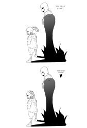 2018 2boys 2d behind_another blush closed_eyes comic commentary digital_media duo edit english_commentary english_text fallenara from_side full_body hand_on_another's_head hands_on_own_chest heart height_conscious height_difference hollow_eyes hood hood_down hooded_jacket humanoid jacket legs_apart long_sleeves male male_focus male_only monochrome monster monster_boy multiple_boys sans_(undertale) sequential shadow shorts simple_background skeleton slippers socks speech_bubble standing stitched sweat sweater tall_image teeth text third-party_edit undead undertale utdr_(toby_fox) w.d._gaster white_background white_sweater