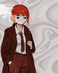  1girl abstract_background bags_under_eyes black_eyes braid business_suit chainsaw_man cigarette coat collared_shirt dress_shirt formal_clothes grey_background high-waist_pants holding holding_cigarette io_(onisarashi) long_coat makima_(chainsaw_man) necktie pants red_hair sanpaku shirt shirt_tucked_in sidelocks single_braid smoke smoke_trail smoking solo suit suit_pants trench_coat white_shirt 