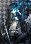  1girl black_legwear black_rock_shooter black_rock_shooter_(character) black_thighhighs breasts checkered cleavage front-tie_top glowing_eye katana lilithbloody long_hair navel scar shorts solo sword thighhighs twintails underboob weapon 