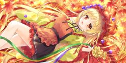  1girl aki_minoriko aki_shizuha apron artist_request autumn_leaves bell black_ribbon black_skirt blonde_hair breasts choker falling_leaves frilled_skirt frilled_sleeves frills fruit_hat_ornament game_asset grape_hat_ornament hat highres holding holding_bell jingle_bell kagura_suzu large_breasts leaf long_sleeves looking_at_viewer maple_leaf mob_cap official_art open_mouth orange_apron red_eyes ribbon ribbon_choker shirt skirt smile solo third-party_source touhou touhou_lostword yellow_shirt 